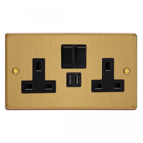 Varilight XDE5U2SB.BB Brushed Brass Double Socket with 2 x 12W Shared USB A Charging Ports