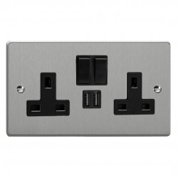 Varilight XDE5U2SB.BS Brushed Steel Double Socket with 2 x 12W Shared USB A Charging Ports