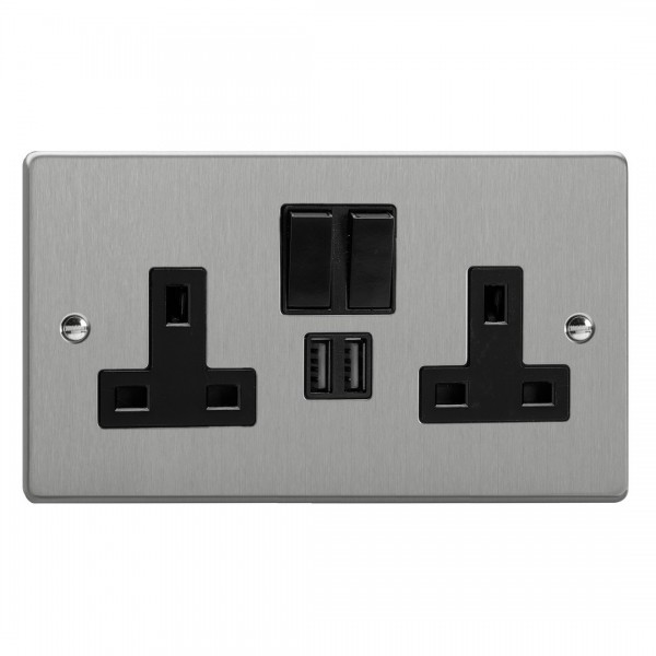 Varilight XDE5U2SB.BS Brushed Steel Double Socket with 2 x 12W Shared USB A Charging Ports