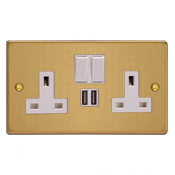 Varilight XDE5U2SW.BB Brushed Brass Double Socket with 2 x 12W Shared USB A Charging Ports