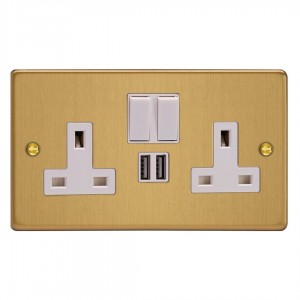 Varilight XDE5U2SW.BB Brushed Brass Double Socket with 2 x 12W Shared USB A Charging Ports