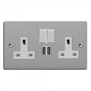 Varilight XDE5U2SW.BS Brushed Steel Double Socket with 2 x 12W Shared USB A Charging Ports