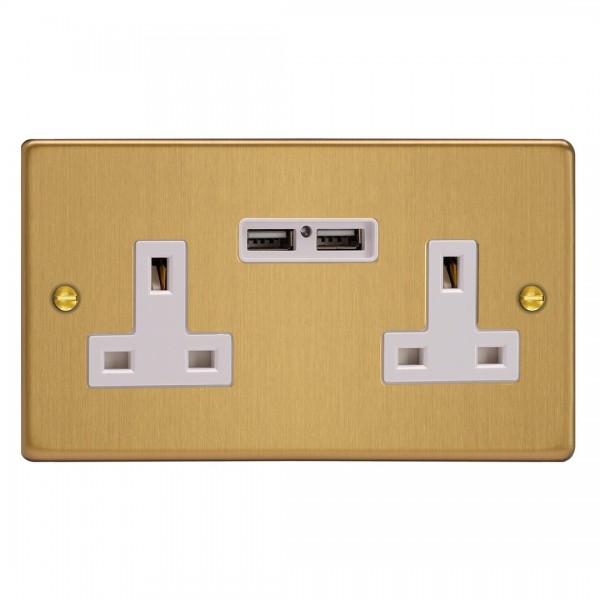 Varilight XDE5U2W.BB Brushed Brass 2-Gang 13A Unswitched Socket with 2 x 12W Shared USB A Charging Ports