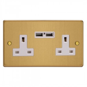 Varilight XDE5U2W.BB Brushed Brass 2-Gang 13A Unswitched Socket with 2 x 12W Shared USB A Charging Ports