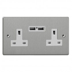 Varilight XDE5U2W.BS Brushed Steel 2-Gang 13A Unswitched Socket with 2 x 12W Shared USB A Charging Ports