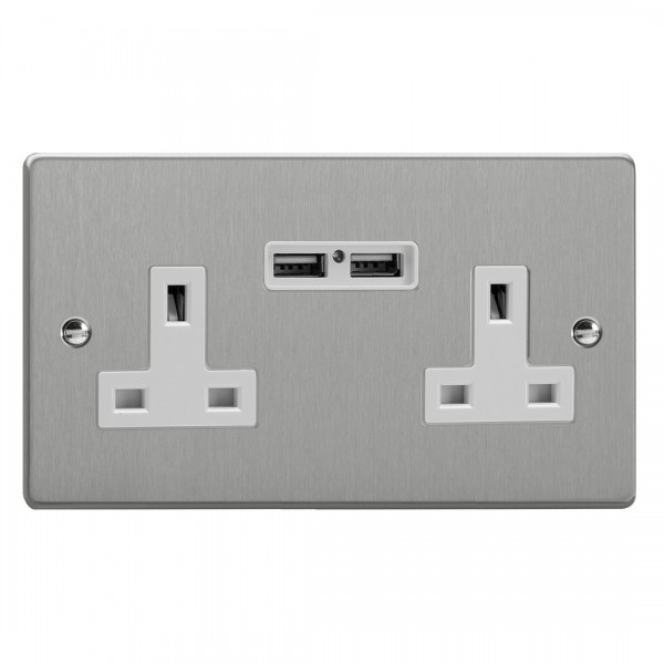 Varilight XDE5U2W.BS Brushed Steel 2-Gang 13A Unswitched Socket with 2 x 12W Shared USB A Charging Ports