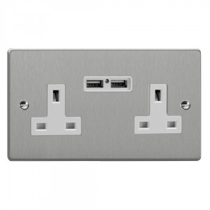 Varilight XDE5U2W.BS Brushed Steel 2-Gang 13A Unswitched Socket with 2 x 12W Shared USB A Charging Ports