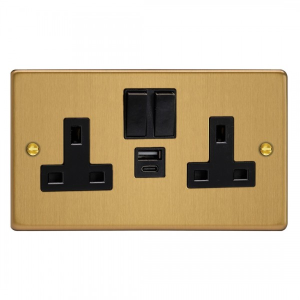 Varilight XDE5UACB.BB Brushed Brass Double Socket with 20W Shared USB A & C Charging Ports