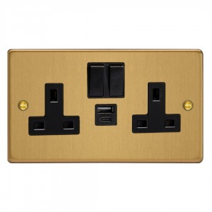 Varilight XDE5UACB.BB Brushed Brass Double Socket with 20W Shared USB A & C Charging Ports