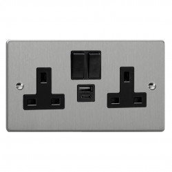 Varilight XDE5UACB.BS Brushed Steel Double Socket with 20W Shared USB A & C Charging Ports
