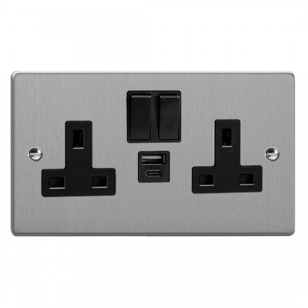 Varilight XDE5UACB.BS Brushed Steel Double Socket with 20W Shared USB A & C Charging Ports