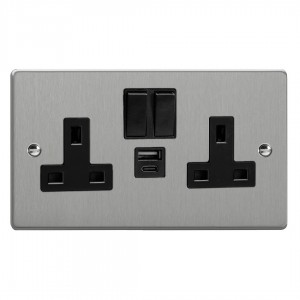 Varilight XDE5UACB.BS Brushed Steel Double Socket with 20W Shared USB A & C Charging Ports