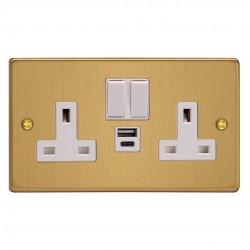 Varilight XDE5UACW.BB Brushed Brass Double Socket with 20W Shared USB A & C Charging Ports