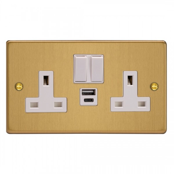 Varilight XDE5UACW.BB Brushed Brass Double Socket with 20W Shared USB A & C Charging Ports