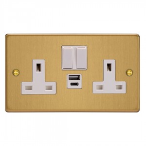 Varilight XDE5UACW.BB Brushed Brass Double Socket with 20W Shared USB A & C Charging Ports