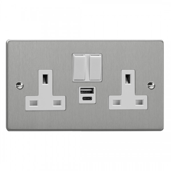 Varilight XDE5UACW.BS Brushed Steel Double Socket with 20W Shared USB A & C Charging Ports