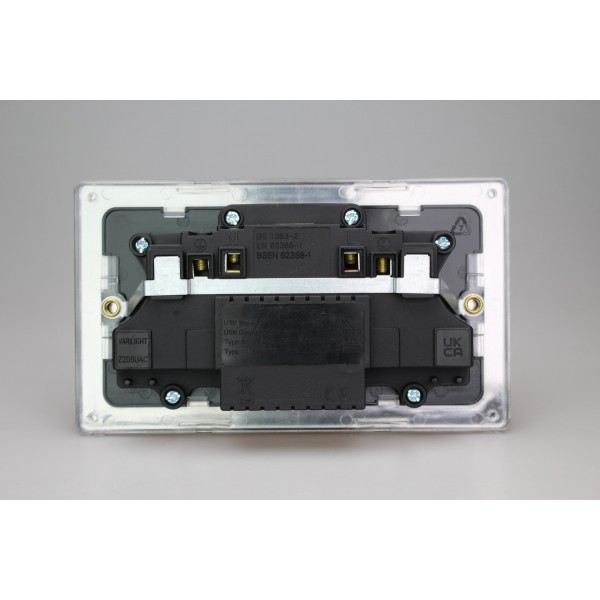 Varilight XDE5UACW.BS Brushed Steel Double Socket with 20W Shared USB A & C Charging Ports