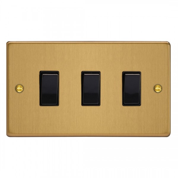 Varilight XDE93B.BB Brushed Brass 3-Gang 10A 1- or 2-Way Rocker Switch (Twin Plate)