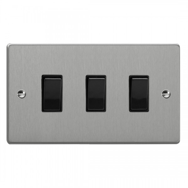 Varilight XDE93B.BS Brushed Steel 3-Gang 10A 1- or 2-Way Rocker Switch (Twin Plate)