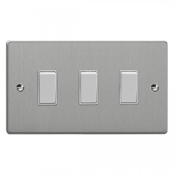 Varilight XDE93W.BS Brushed Steel 3-Gang 10A 1- or 2-Way Rocker Switch (Twin Plate)