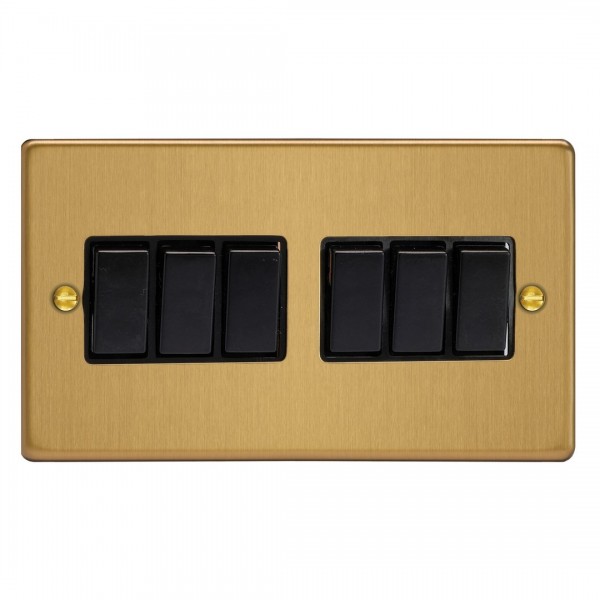 Varilight XDE96B.BB Brushed Brass 6-Gang 10A 1- or 2-Way Rocker Switch (Twin Plate)