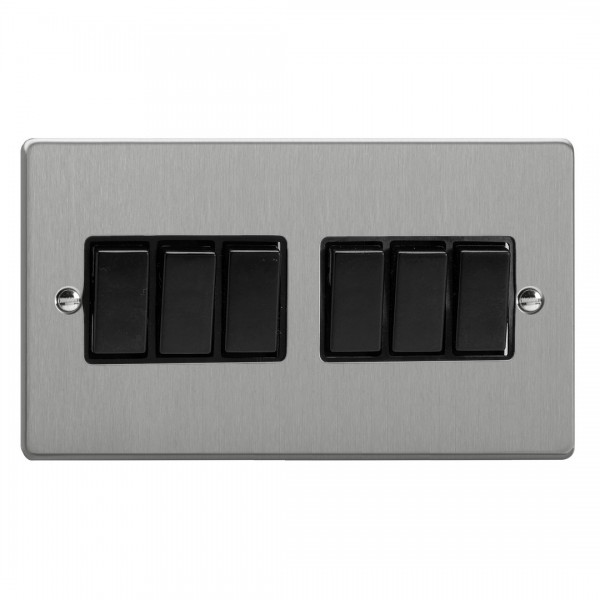 Varilight XDE96B.BS Brushed Steel 6-Gang 10A 1- or 2-Way Rocker Switch (Twin Plate)