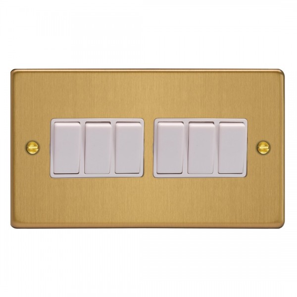 Varilight XDE96W.BB Brushed Brass 6-Gang 10A 1- or 2-Way Rocker Switch (Twin Plate)