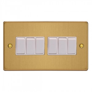 Varilight XDE96W.BB Brushed Brass 6-Gang 10A 1- or 2-Way Rocker Switch (Twin Plate)