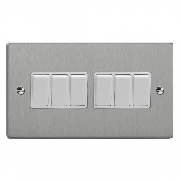 Varilight XDE96W.BS Brushed Steel 6-Gang 10A 1- or 2-Way Rocker Switch (Twin Plate)