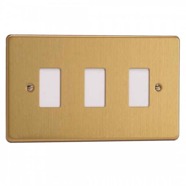 Varilight XDEPGY3.BB Brushed Brass 3-Gang PowerGrid Plate including Yoke (Twin Plate)