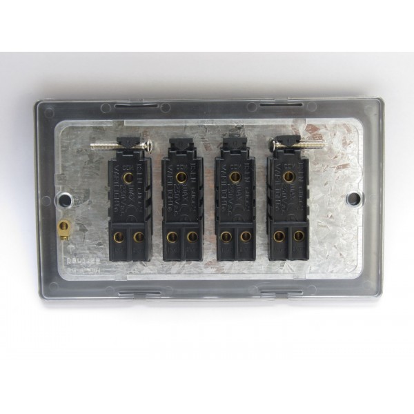 Varilight XDET9.BS Brushed Steel 4-Gang 10A 1- or 2-Way Toggle Switch (Twin Plate)