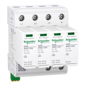 Schneider Electric A9L1C625 Acti9 Type 2 Surge Protection Device iPRD1 C25r T1+2 25kA Compact 3P+N 275V w/remote