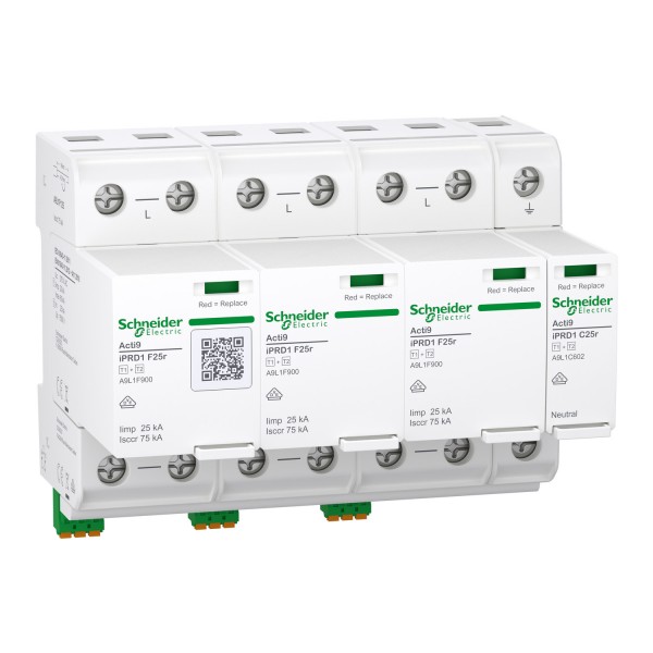 Schneider Electric A9L1F625 Acti9 Type 2 Surge Protection Device iPRD1 F25r T1+2 25kA w/Fuse 3P+N 275V w/remote