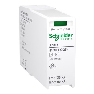 Schneider Electric A9L1C600 Acti9 Type 2 iPRD1 C25r for surge arrester iPRD1 C25r 3P+N type 1+2 L-N protection mode without fuse