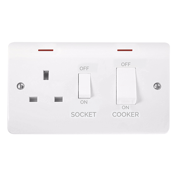 Scolmore CMA2505 Mode 50A 2 Gang DP Switch With 13A DP Switched Socket Outlet, White Rockers & LEDs