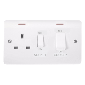 Scolmore CMA2505 Mode 50A 2 Gang DP Switch With 13A DP Switched Socket Outlet, White Rockers & LEDs