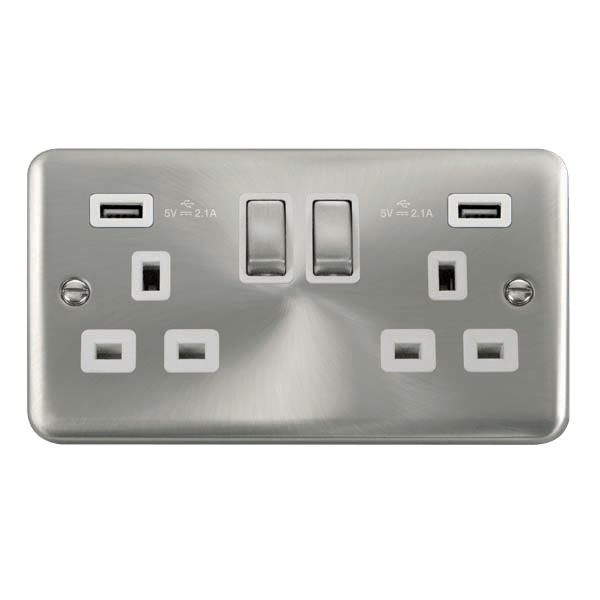 Click DPSC580WH Deco Plus Satin Chrome 13A Ingot 2 Gang Switched Socket With Twin 2.1A USB Outlets (4.2A) (Twin Earth)