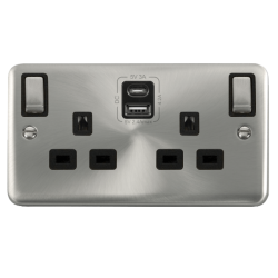 Click DPSC586BK Deco Plus Satin Chrome 2G 13A Switched Socket 4.2A A&C USB INGOT