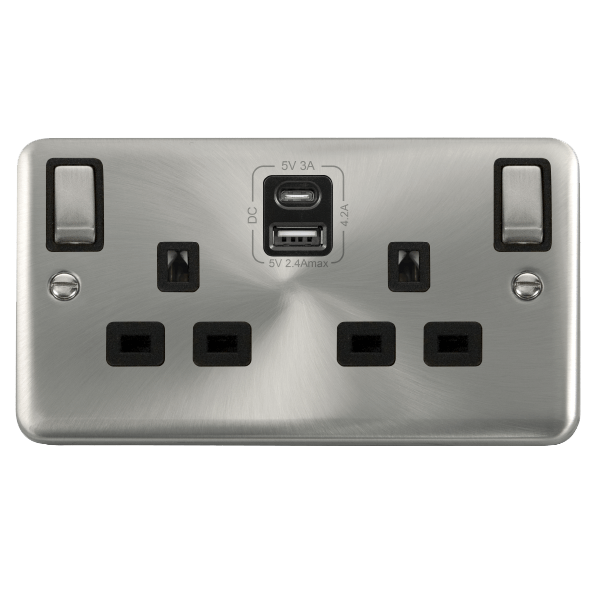 Click DPSC586BK Deco Plus Satin Chrome 2G 13A Switched Socket 4.2A A&C USB INGOT