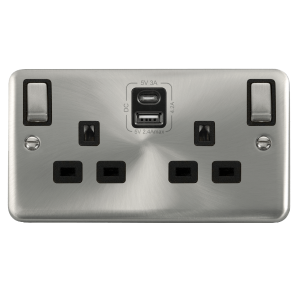 Click DPSC586BK Deco Plus Satin Chrome 2G 13A Switched Socket 4.2A A&C USB INGOT