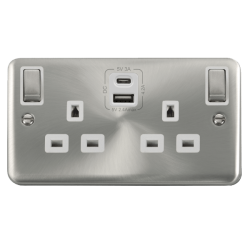 Click DPSC586WH Deco Plus Satin Chrome 2G 13A Switched Socket 4.2A A&C USB INGOT