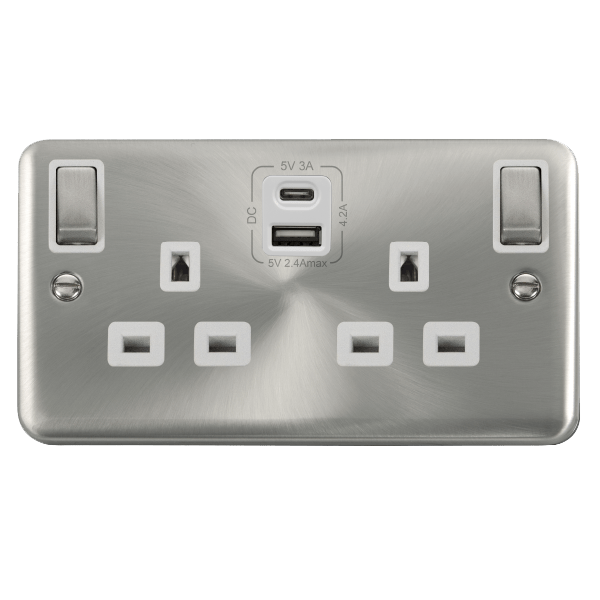 Click DPSC586WH Deco Plus Satin Chrome 2G 13A Switched Socket 4.2A A&C USB INGOT