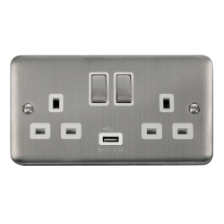 Click DPSS570WH Deco Plus Stainless Steel 13A Ingot 2 Gang Switched Sockets With 2.1A USB Outlet (Twin Earth)