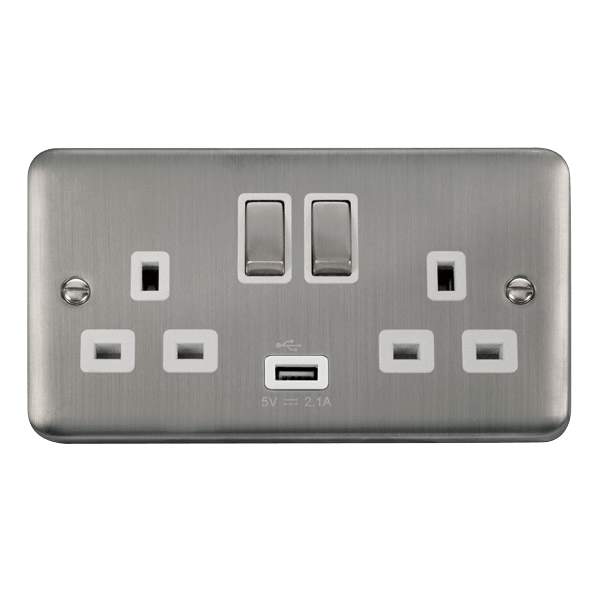 Click DPSS570WH Deco Plus Stainless Steel 13A Ingot 2 Gang Switched Sockets With 2.1A USB Outlet (Twin Earth)