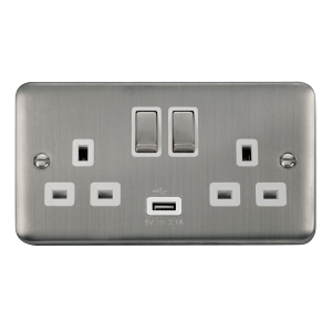 Click DPSS570WH Deco Plus Stainless Steel 13A Ingot 2 Gang Switched Sockets With 2.1A USB Outlet (Twin Earth)
