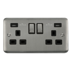 Click DPSS580BK Deco Plus Stainless Steel 13A Ingot 2 Gang Switched Socket With Twin 2.1A USB Outlets (4.2A) (Twin Earth)