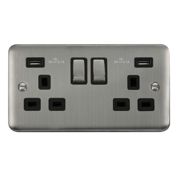Click DPSS580BK Deco Plus Stainless Steel 13A Ingot 2 Gang Switched Socket With Twin 2.1A USB Outlets (4.2A) (Twin Earth)