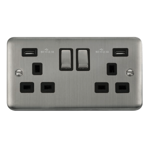 Click DPSS580BK Deco Plus Stainless Steel 13A Ingot 2 Gang Switched Socket With Twin 2.1A USB Outlets (4.2A) (Twin Earth)