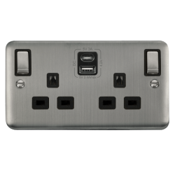 Click DPSS586BK Deco Plus Stainless Steel 2G 13A Switched Socket 4.2A A&C USB INGOT