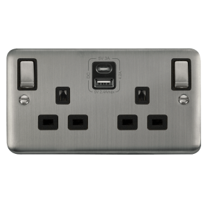 Click DPSS586BK Deco Plus Stainless Steel 2G 13A Switched Socket 4.2A A&C USB INGOT
